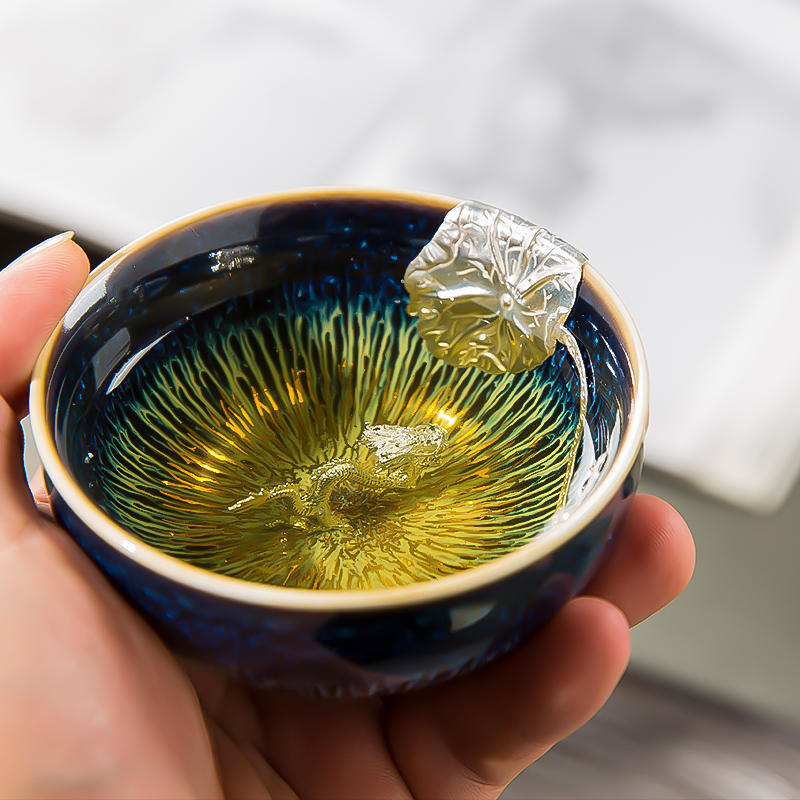 Silver Lotus Inlaid Jian Zhan — Elegant Gongfu Tea Cup