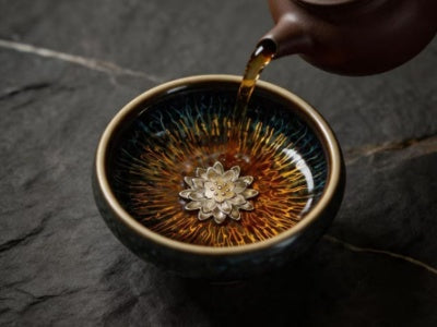 Handmade Jian Zhan tea cup in paulownia gift box - artisan tea ware gift from Jingdezhen