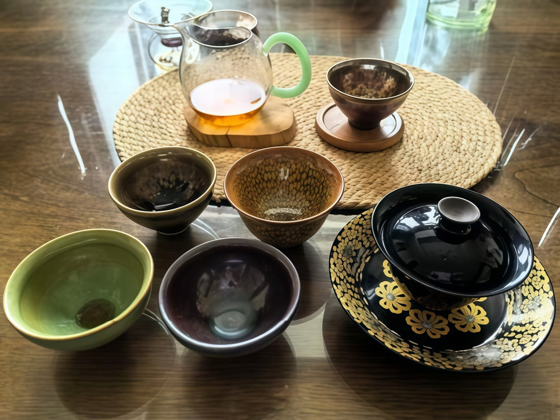Complete gongfu tea set essentials - Jian Zhan tasting cups with gaiwan and tea tray from Jingdezhen