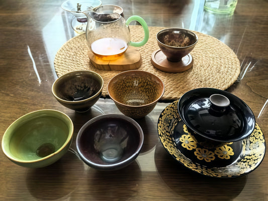 Complete gongfu tea set essentials - Jian Zhan tasting cups with gaiwan and tea tray from Jingdezhen