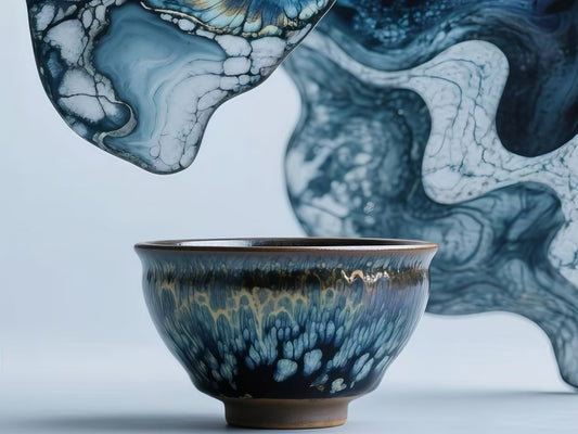 Blue and black glazed Jian Zhan tea bowl with crystalline blue-white oil spot pattern against an abstract indigo backdrop