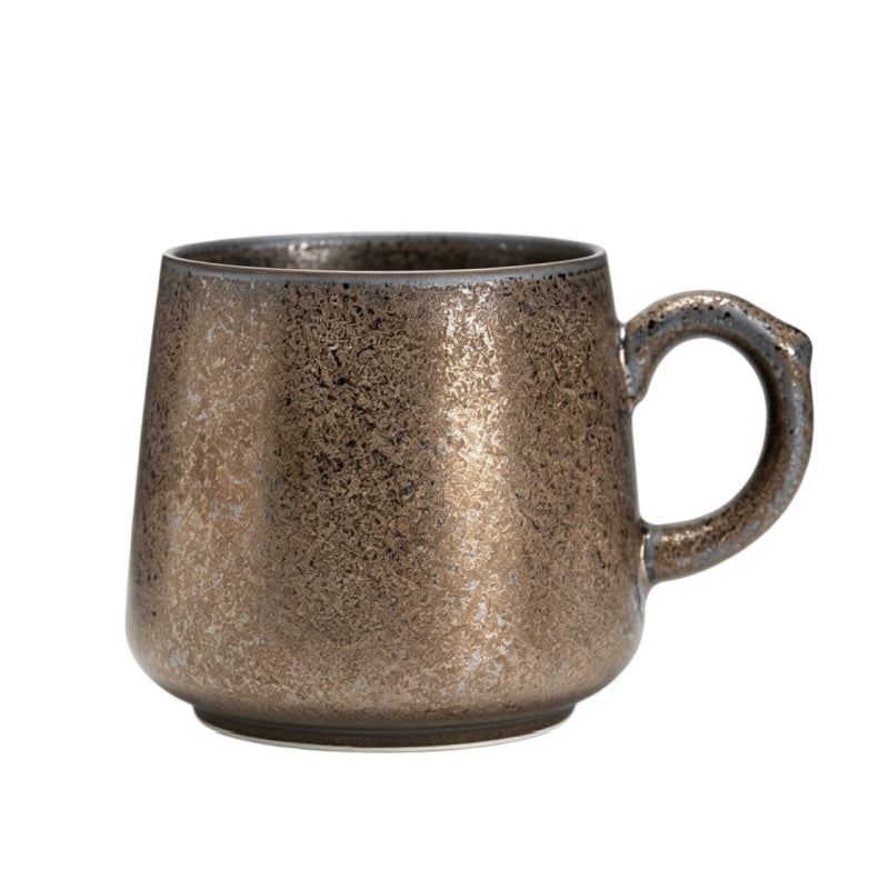 Retro kiln-glazed ceramic coffee mug, 350ml handmade rustic speckled tea cup, microwave and dishwasher safe, artisan ceramic mug for office and home.