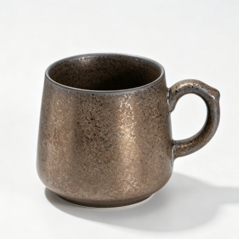 Retro kiln-glazed ceramic coffee mug, 350ml handmade rustic speckled tea cup, microwave and dishwasher safe, artisan ceramic mug for office and home.
