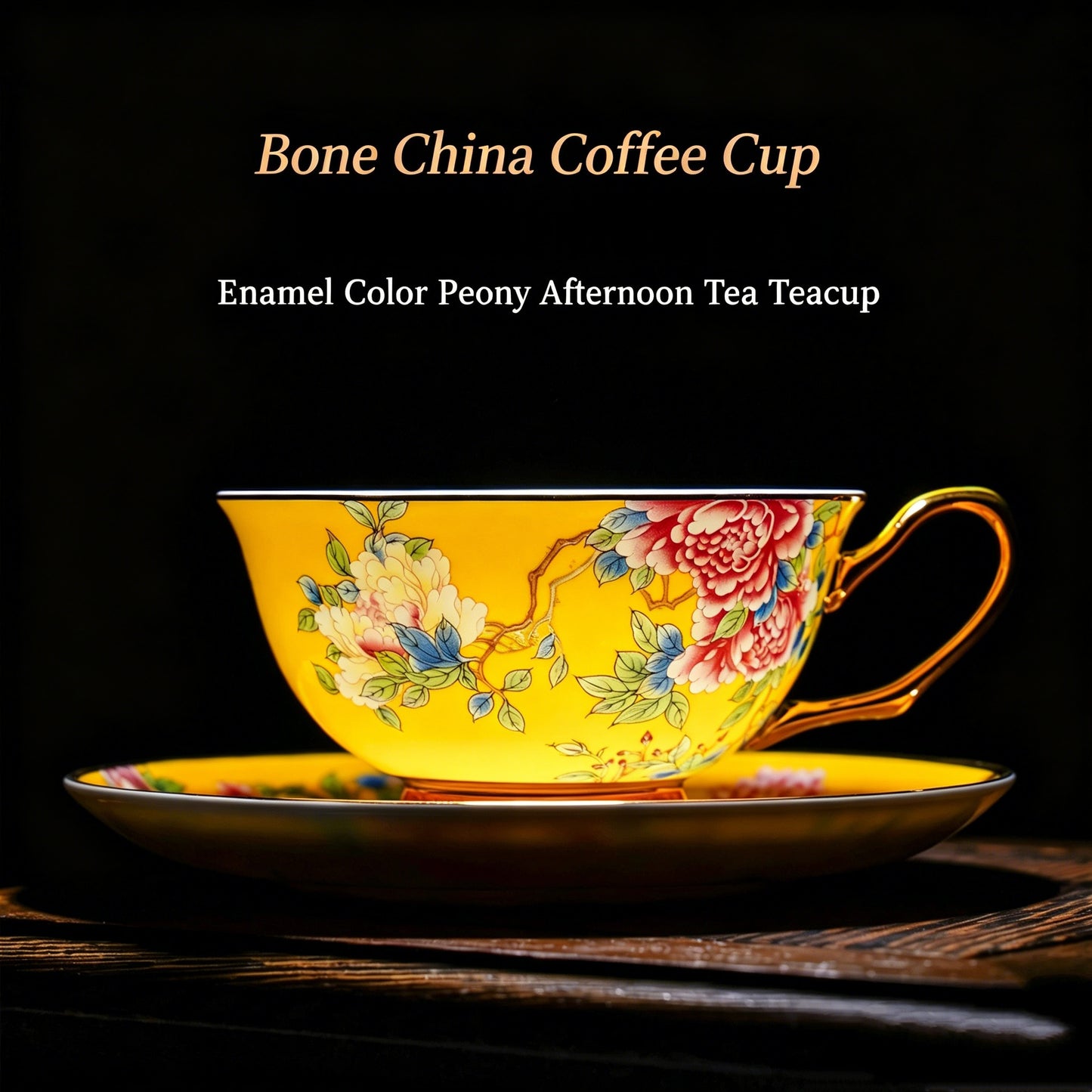 Imperial Peony Enamel-Painted Fine Bone China Coffee Cup & Saucer Set