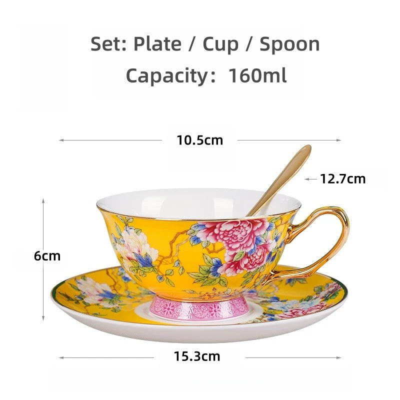 Imperial Peony Enamel-Painted Fine Bone China Coffee Cup & Saucer Set