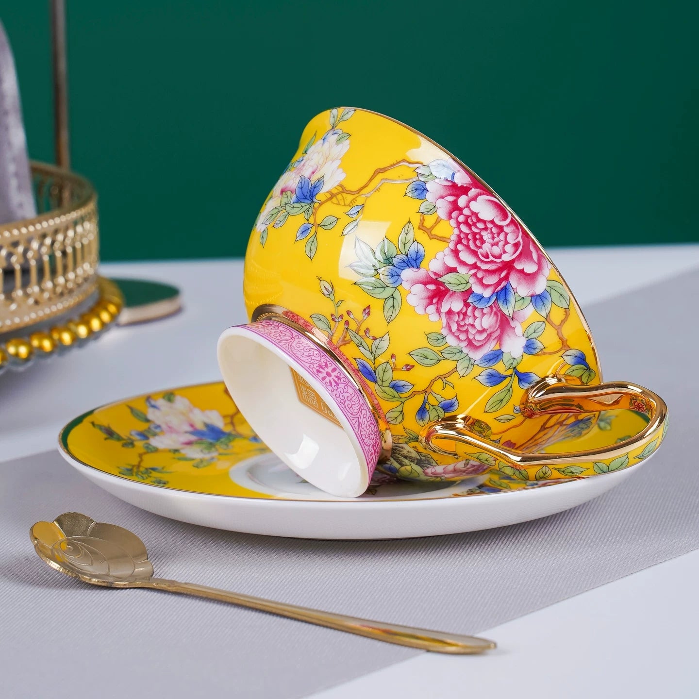 Imperial Peony Enamel-Painted Fine Bone China Coffee Cup & Saucer Set