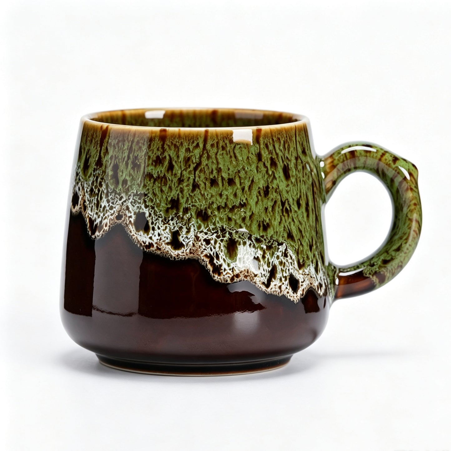 Rustic Reactive Glaze Ceramic Coffee Mug, 350ml Earthy Green & Brown Handcrafted Tea Cup, Microwave & Dishwasher Safe Artisan Pottery Mug for Home Office