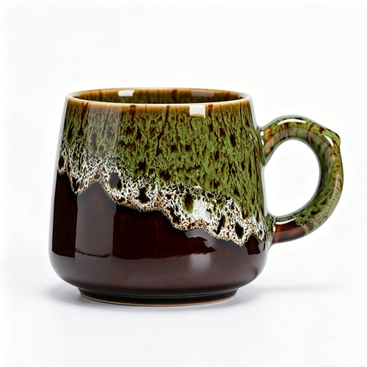 Rustic Reactive Glaze Ceramic Coffee Mug, 350ml Earthy Green & Brown Handcrafted Tea Cup, Microwave & Dishwasher Safe Artisan Pottery Mug for Home Office