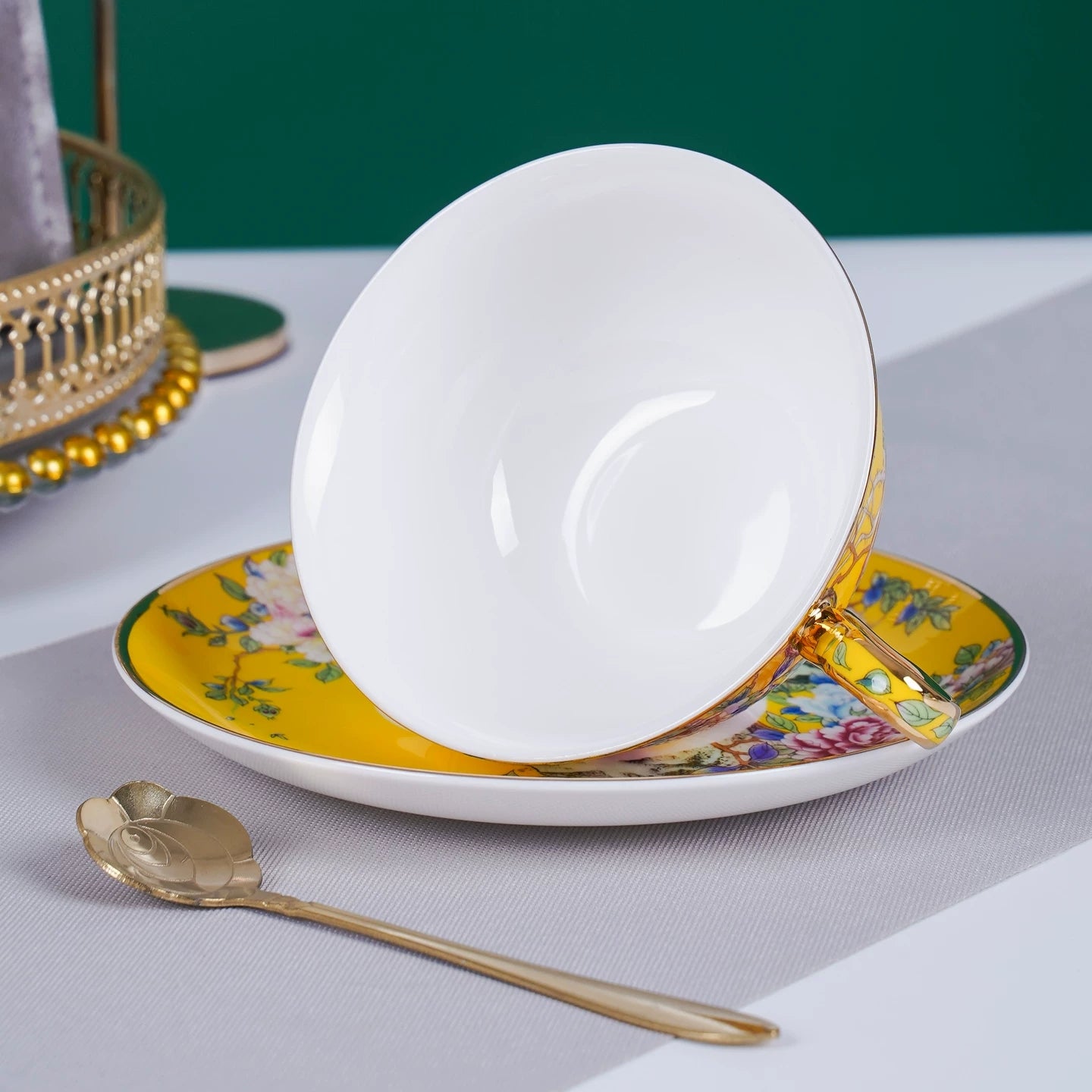 Imperial Peony Enamel-Painted Fine Bone China Coffee Cup & Saucer Set