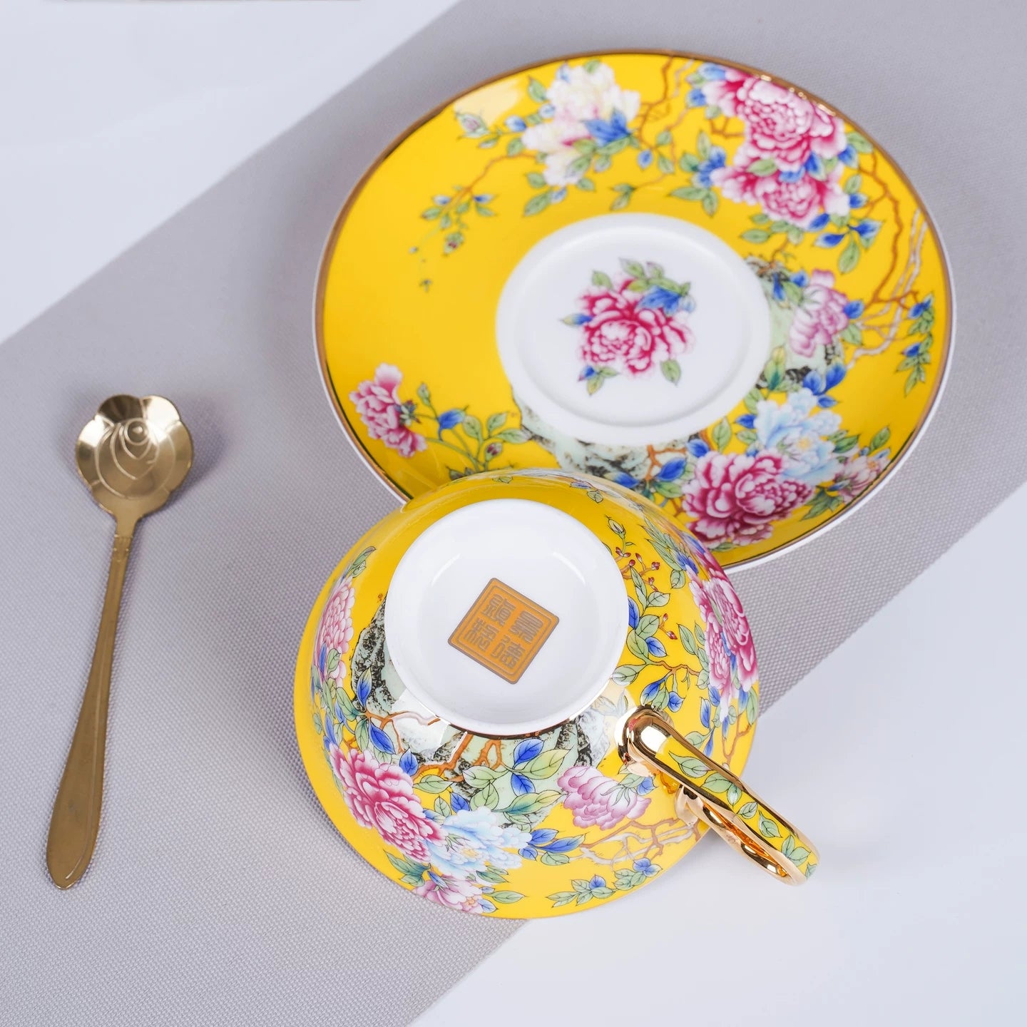 Imperial Peony Enamel-Painted Fine Bone China Coffee Cup & Saucer Set
