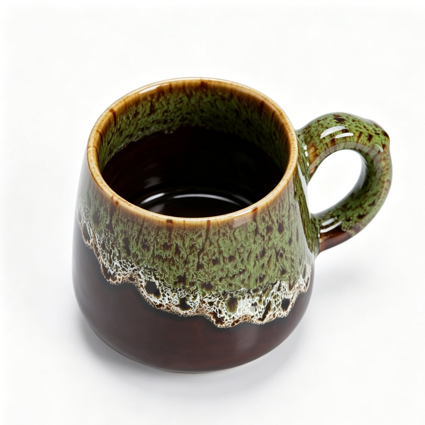 Rustic Reactive Glaze Ceramic Coffee Mug, 350ml Earthy Green & Brown Handcrafted Tea Cup, Microwave & Dishwasher Safe Artisan Pottery Mug for Home Office
