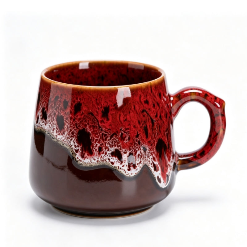 Vibrant Red & Brown Reactive Glaze Ceramic Coffee Mug, 350ml Handcrafted Artisan Tea Cup, Microwave & Dishwasher Safe Rustic Pottery Mug for Home & Office