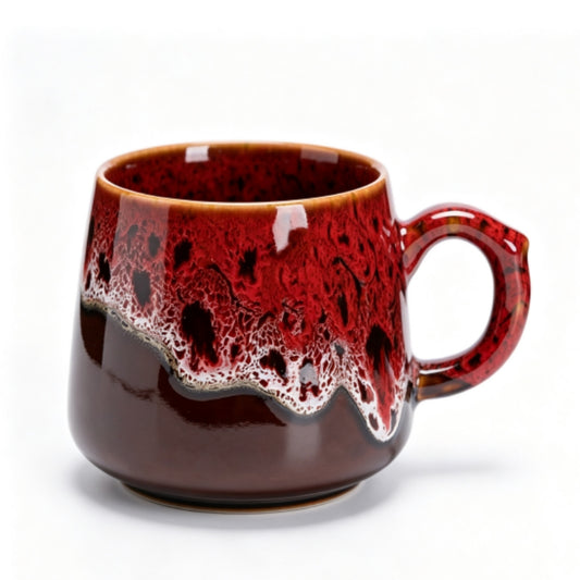 Vibrant Red & Brown Reactive Glaze Ceramic Coffee Mug, 350ml Handcrafted Artisan Tea Cup, Microwave & Dishwasher Safe Rustic Pottery Mug for Home & Office