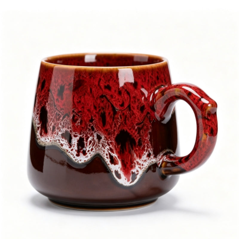 Vibrant Red & Brown Reactive Glaze Ceramic Coffee Mug, 350ml Handcrafted Artisan Tea Cup, Microwave & Dishwasher Safe Rustic Pottery Mug for Home & Office