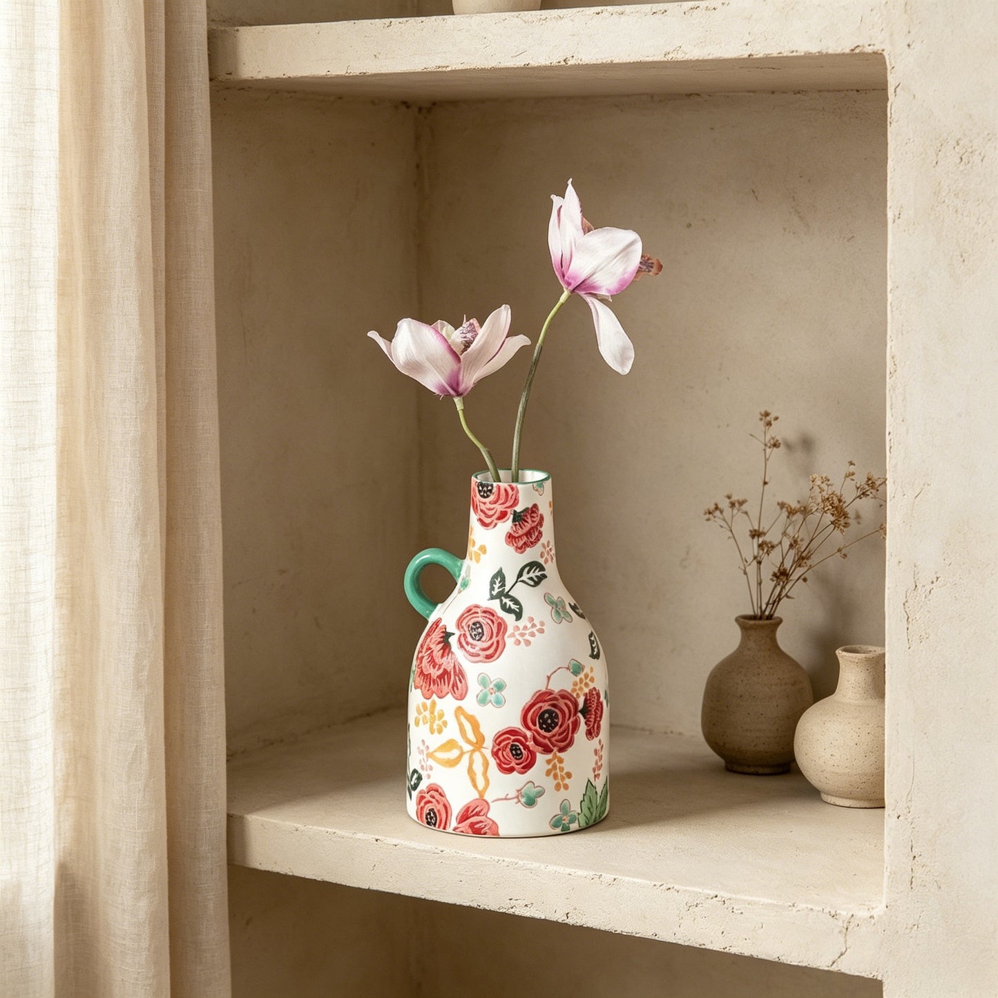 Floral Whisper' Underglaze Hand-Painted Ceramic Artisan Vase