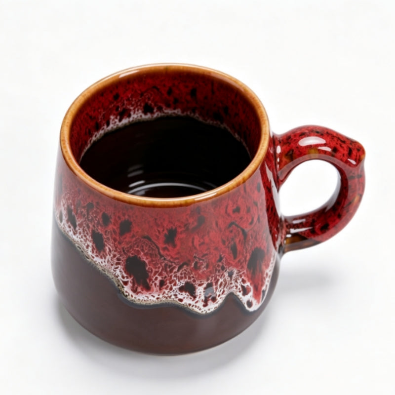 Vibrant Red & Brown Reactive Glaze Ceramic Coffee Mug, 350ml Handcrafted Artisan Tea Cup, Microwave & Dishwasher Safe Rustic Pottery Mug for Home & Office