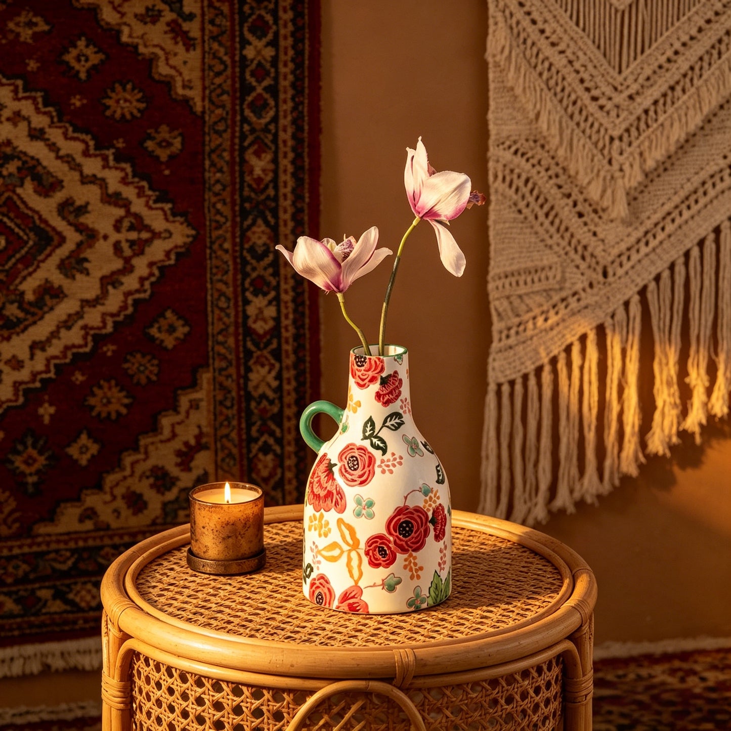 Floral Whisper' Underglaze Hand-Painted Ceramic Artisan Vase