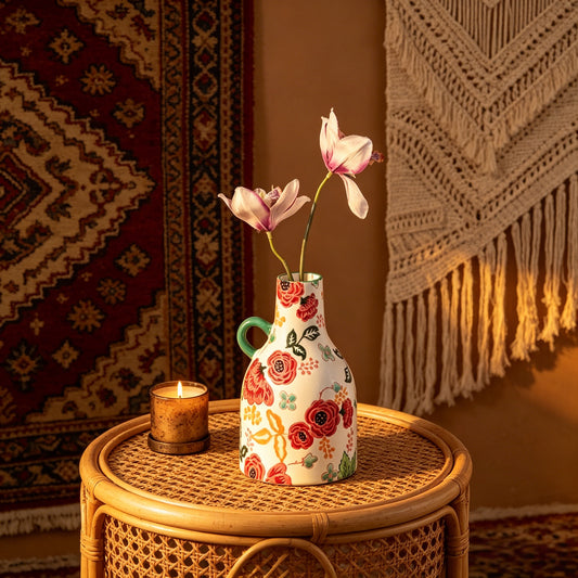 Floral Whisper' Underglaze Hand-Painted Ceramic Artisan Vase