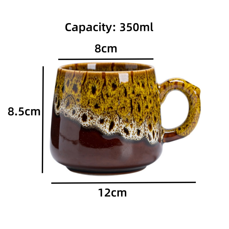 Vintage Yellow & Brown Reactive Glaze Ceramic Coffee Mug, 350ml Handcrafted Artisan Tea Cup, Microwave & Dishwasher Safe Rustic Pottery Mug for Home & Office
