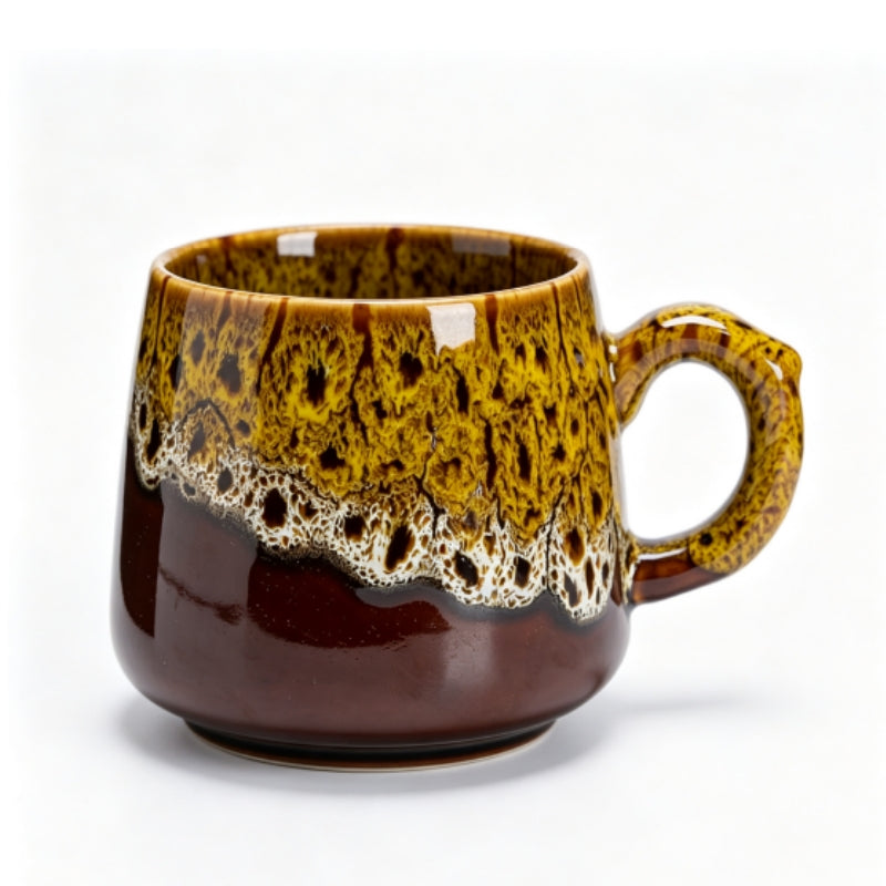Vintage Yellow & Brown Reactive Glaze Ceramic Coffee Mug, 350ml Handcrafted Artisan Tea Cup, Microwave & Dishwasher Safe Rustic Pottery Mug for Home & Office