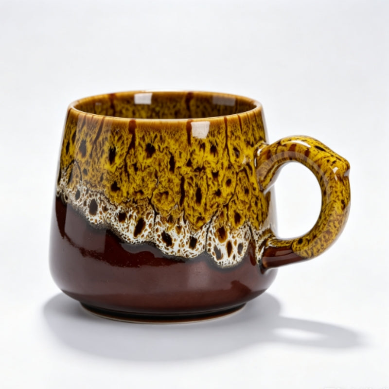 Vintage Yellow & Brown Reactive Glaze Ceramic Coffee Mug, 350ml Handcrafted Artisan Tea Cup, Microwave & Dishwasher Safe Rustic Pottery Mug for Home & Office