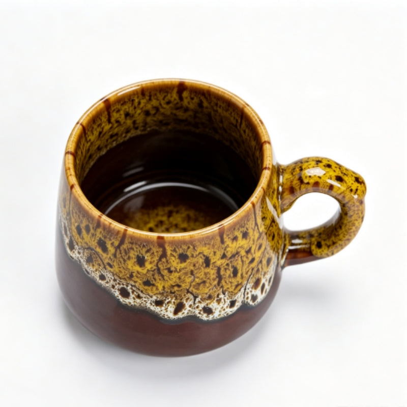 Vintage Yellow & Brown Reactive Glaze Ceramic Coffee Mug, 350ml Handcrafted Artisan Tea Cup, Microwave & Dishwasher Safe Rustic Pottery Mug for Home & Office