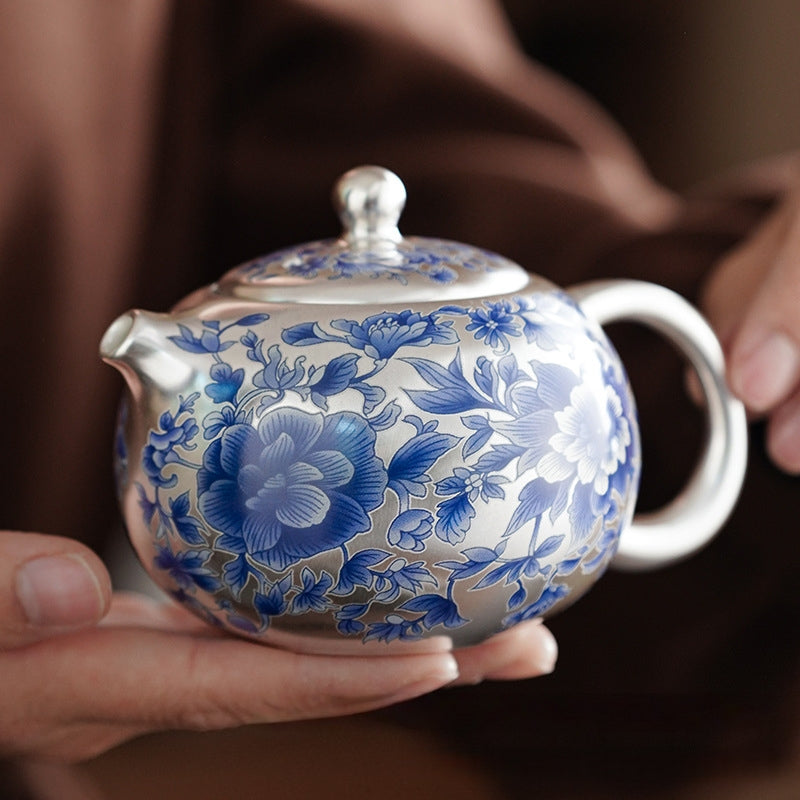 Gilded Silver & Blue Peony Xishi Tea Set - detail view 3, Jingdezhen artisan ceramic