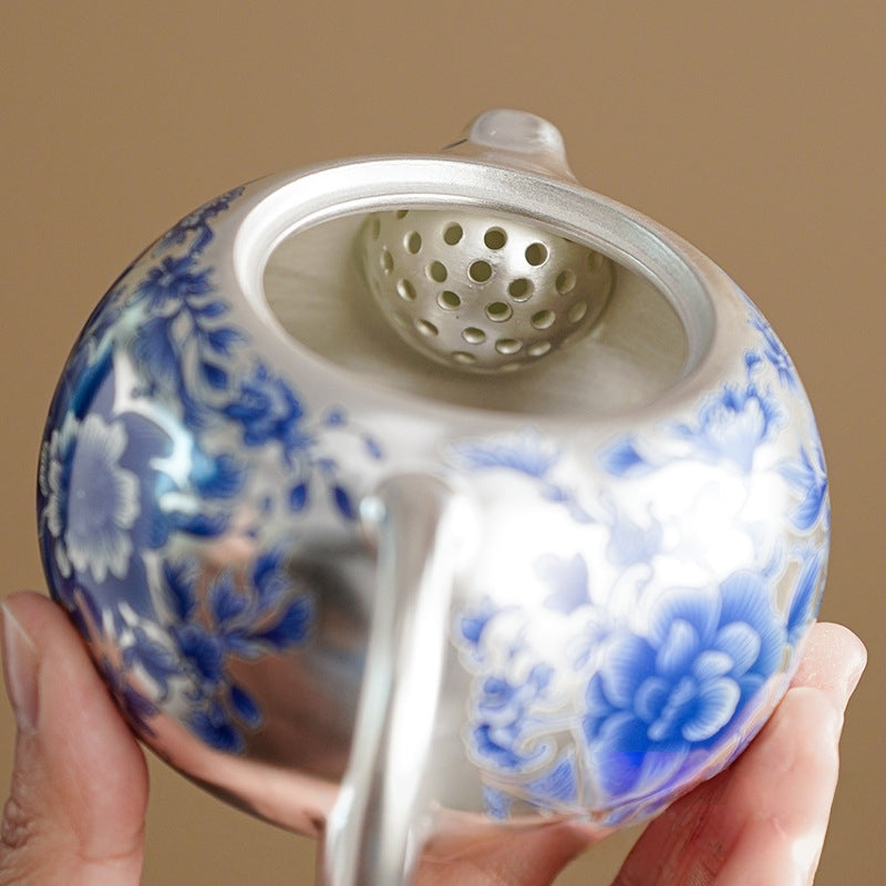 Gilded Silver & Blue Peony Xishi Tea Set - detail view 5, Jingdezhen artisan ceramic