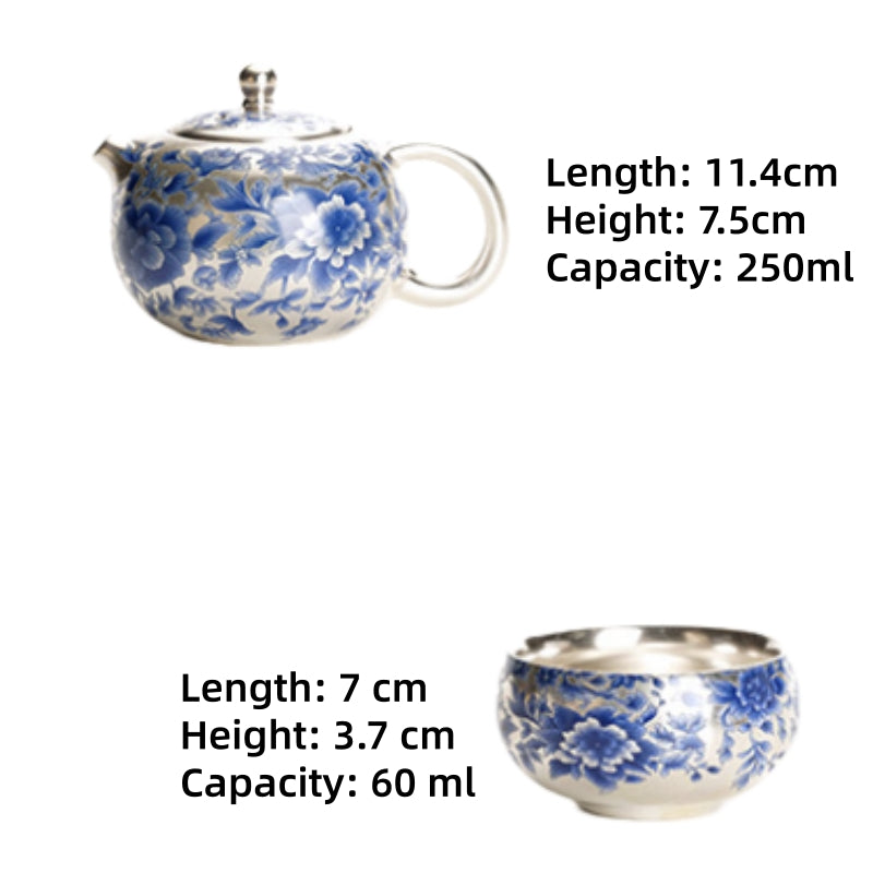 Gilded Silver & Blue Peony Xishi Tea Set - detail view 6, Jingdezhen artisan ceramic