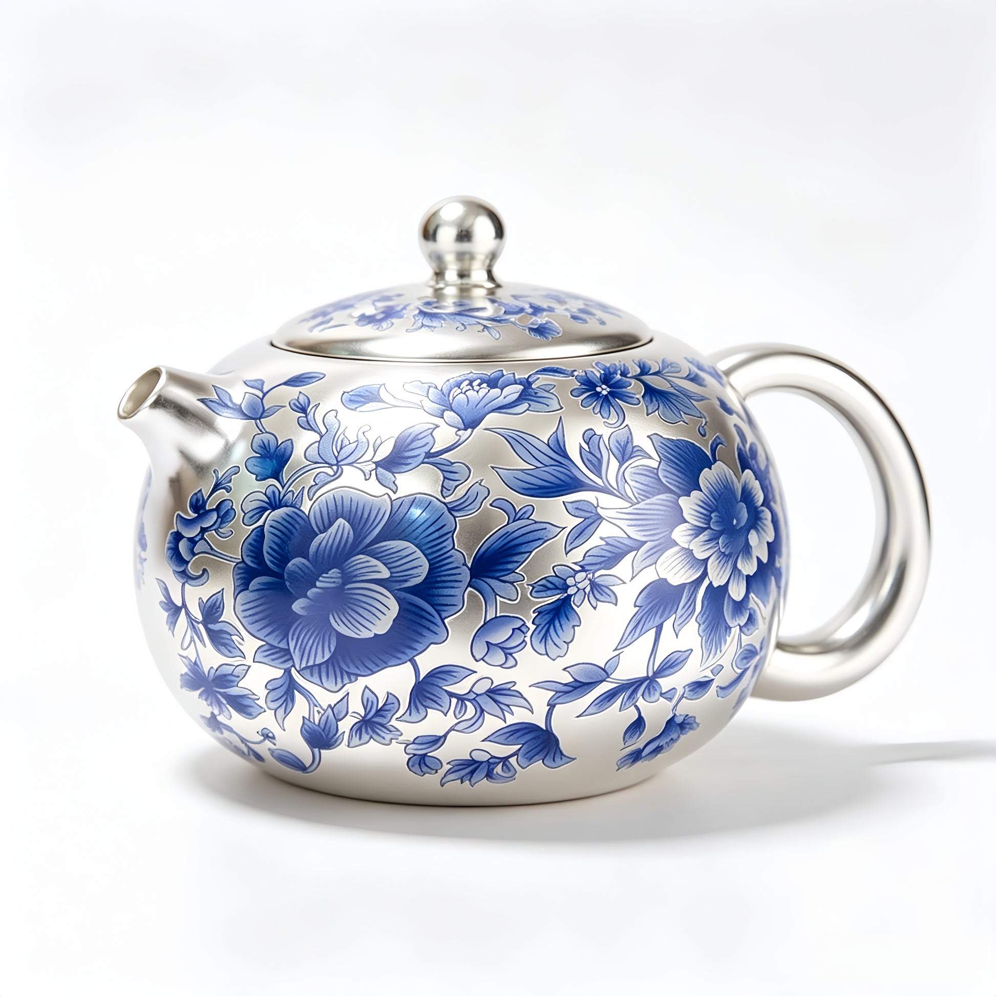 Gilded Silver & Blue Peony Xishi Tea Set - detail view 2, Jingdezhen artisan ceramic
