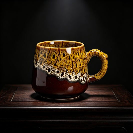 Vintage Yellow & Brown Reactive Glaze Ceramic Coffee Mug, 350ml Handcrafted Artisan Tea Cup, Microwave & Dishwasher Safe Rustic Pottery Mug for Home & Office