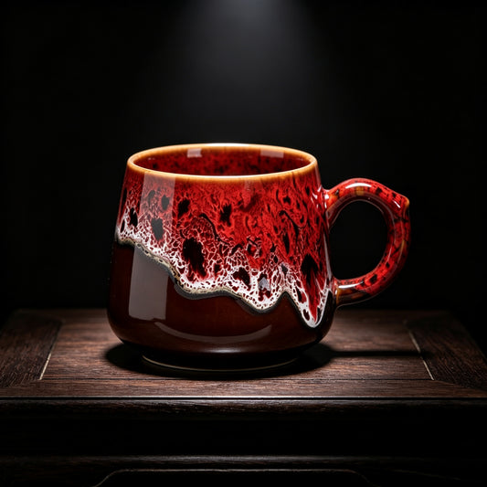 Vibrant Red & Brown Reactive Glaze Ceramic Coffee Mug, 350ml Handcrafted Artisan Tea Cup, Microwave & Dishwasher Safe Rustic Pottery Mug for Home & Office