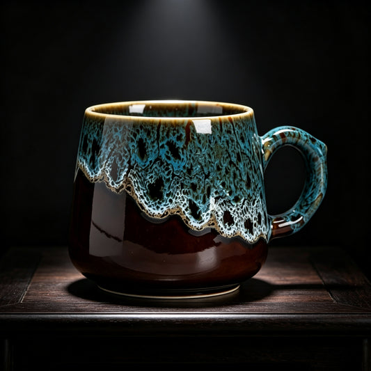 Rustic Blue & Brown Reactive Glaze Ceramic Coffee Mug, 350ml Handcrafted Artisan Tea Cup, Microwave & Dishwasher Safe Pottery Mug for Home & Office