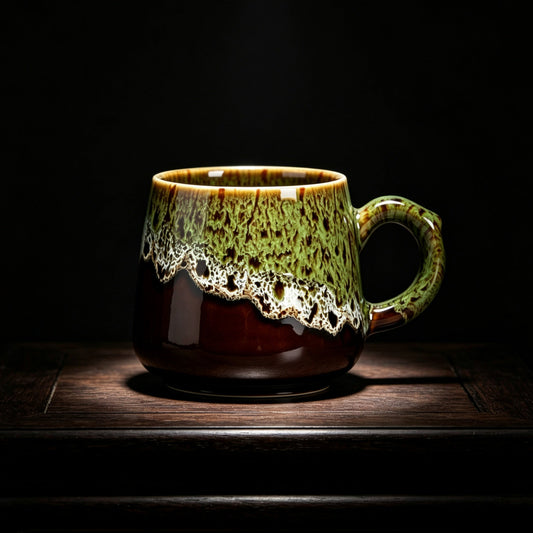 Rustic Reactive Glaze Ceramic Coffee Mug, 350ml Earthy Green & Brown Handcrafted Tea Cup, Microwave & Dishwasher Safe Artisan Pottery Mug for Home Office