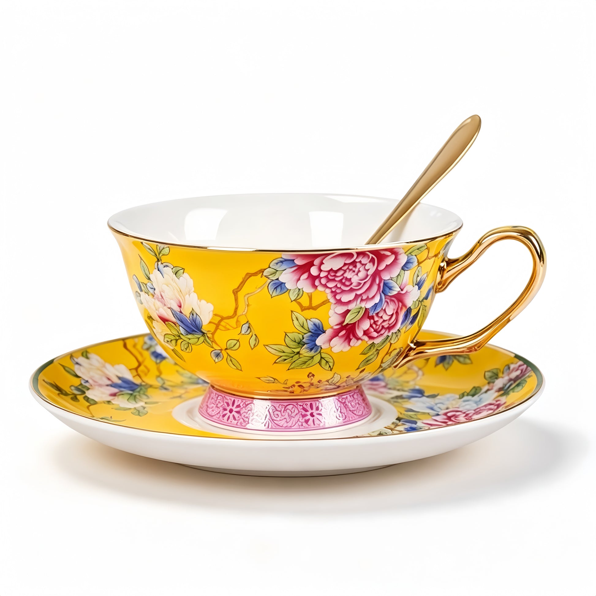 Imperial Peony Enamel-Painted Fine Bone China Coffee Cup & Saucer Set - detail view 2, Jingdezhen artisan ceramic