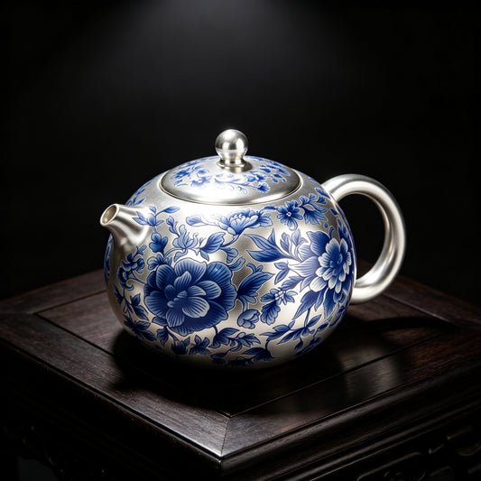 Porcelainess | Gilded Silver & Blue Peony Xishi Teapot Set