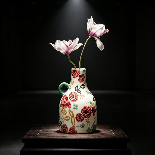 'Floral Whisper' Underglaze Hand-Painted Ceramic Artisan Vase