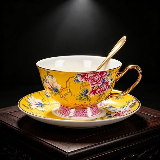 Imperial Peony Enamel-Painted Fine Bone China Coffee Cup & Saucer Set