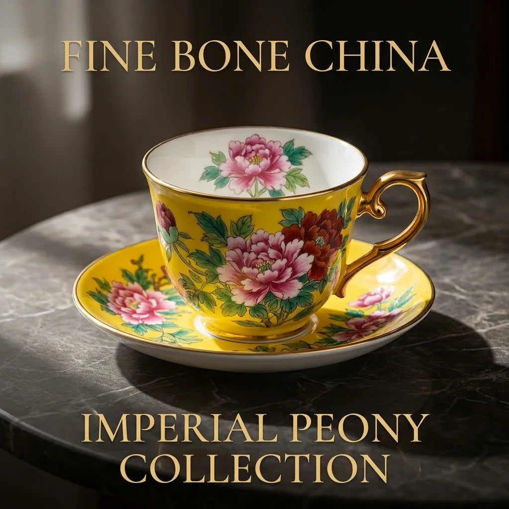 Imperial Peony Enamel-Painted Fine Bone China Coffee Cup & Saucer Set