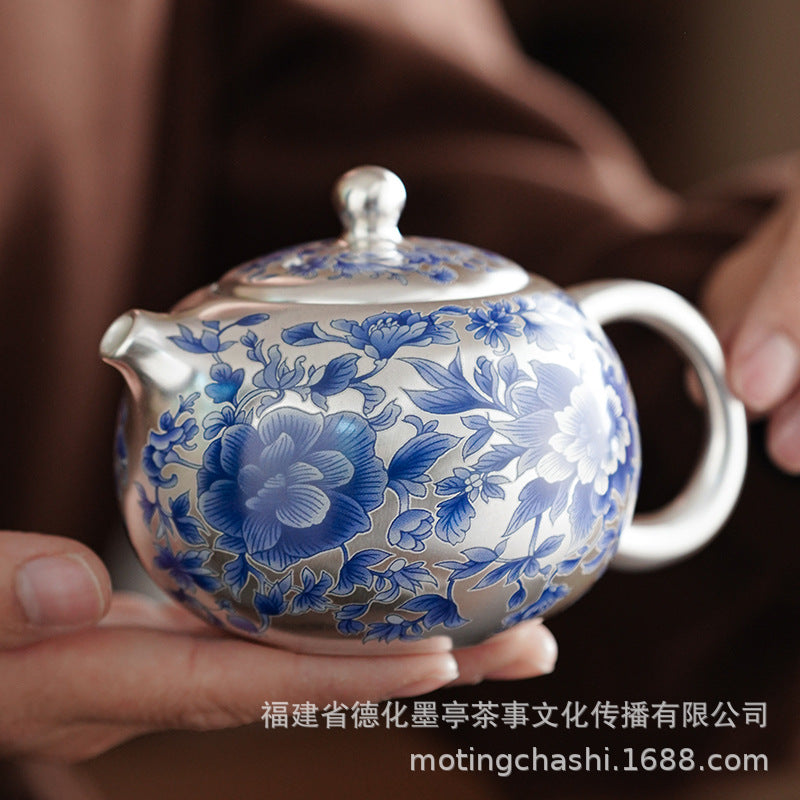 Porcelainess | Gilded Silver & Blue Peony Xishi Tea Set