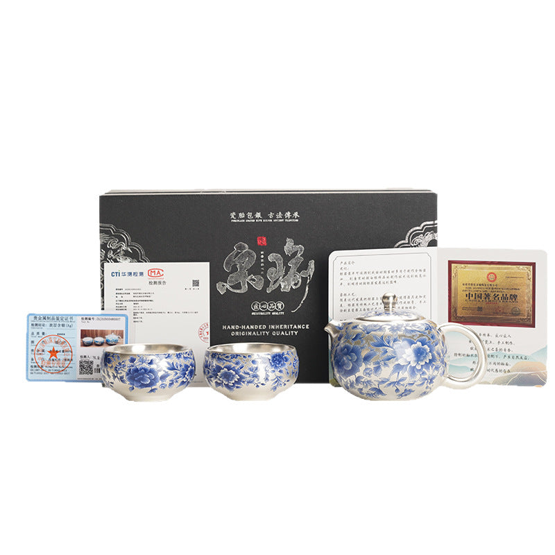 Porcelainess | Gilded Silver & Blue Peony Xishi Tea Set