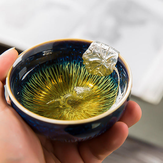 Silver Lotus Inlaid Jian Zhan — Elegant Gongfu Tea Cup
